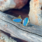 12 x 6mm Australian opal doublet earrings in yellow gold-plated silver, red, blue and green