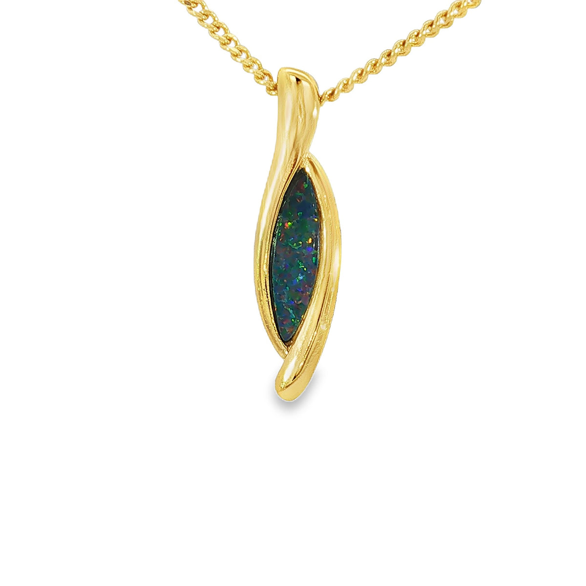 12 x 4mm marquise Australian opal doublet pendant in yellow gold-plated silver