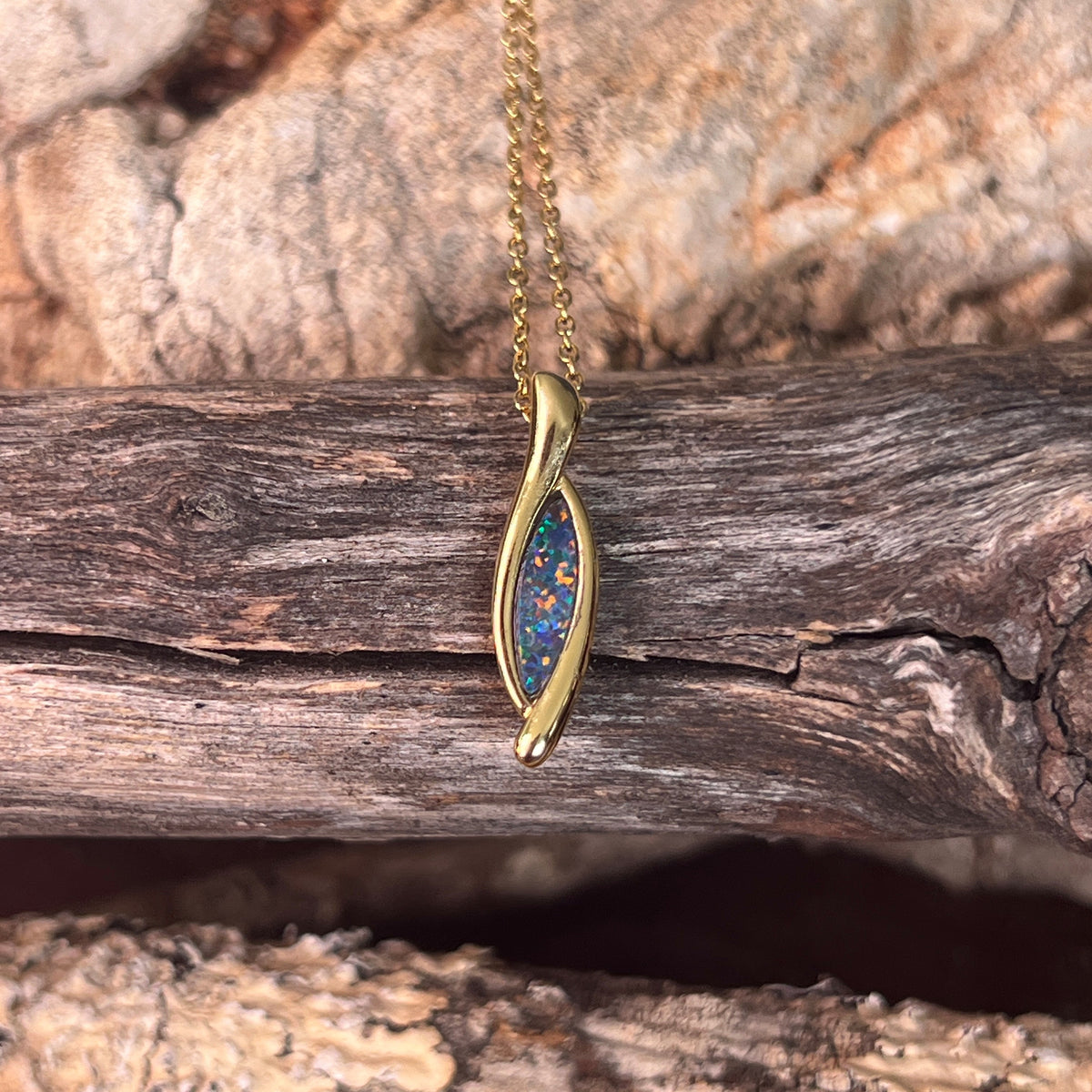 marquise Australian opal doublet pendant in yellow gold-plated silver, blue and green play-of-colour