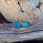 11.5 x 7.5mm Australian opal doublet earrings in yellow gold-plated silver, blue and green
