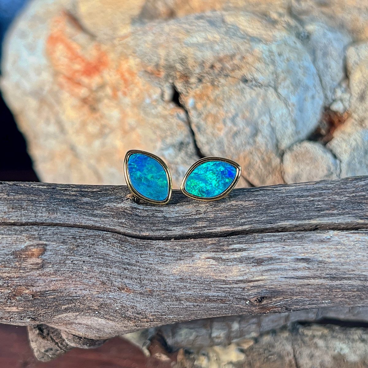 Australian opal doublet earrings, yellow gold-plated silver, 11.5 x 7.5mm stones showing blue and green