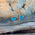 green and blue play-of-colour in 11 x 7.5mm marquise Australian opal doublet earrings