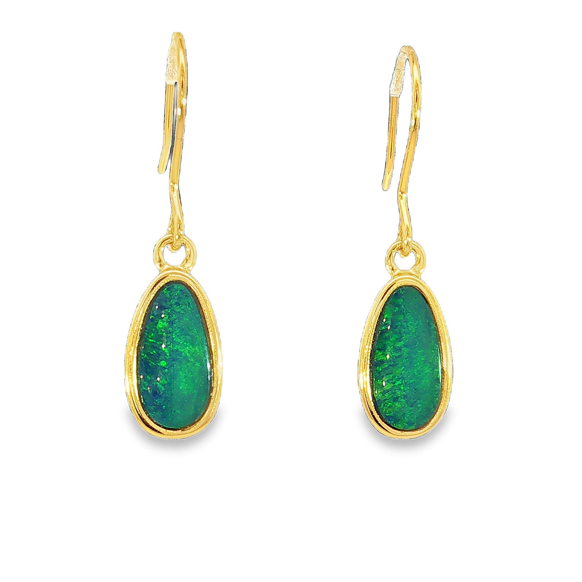 11 x 6mm oval Australian opal doublet earrings in yellow gold-plated silver