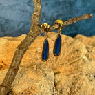 green and blue play-of-colour in 17 x 5mm pear-shaped Australian opal doublet earrings
