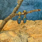 Australian opal doublet earrings, yellow gold-plated silver, 11 x 6mm stones showing red, pink, blue and green