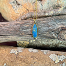 pear-shaped Australian opal doublet pendant in yellow gold-plated silver, blue, red and yellow play-of-colour