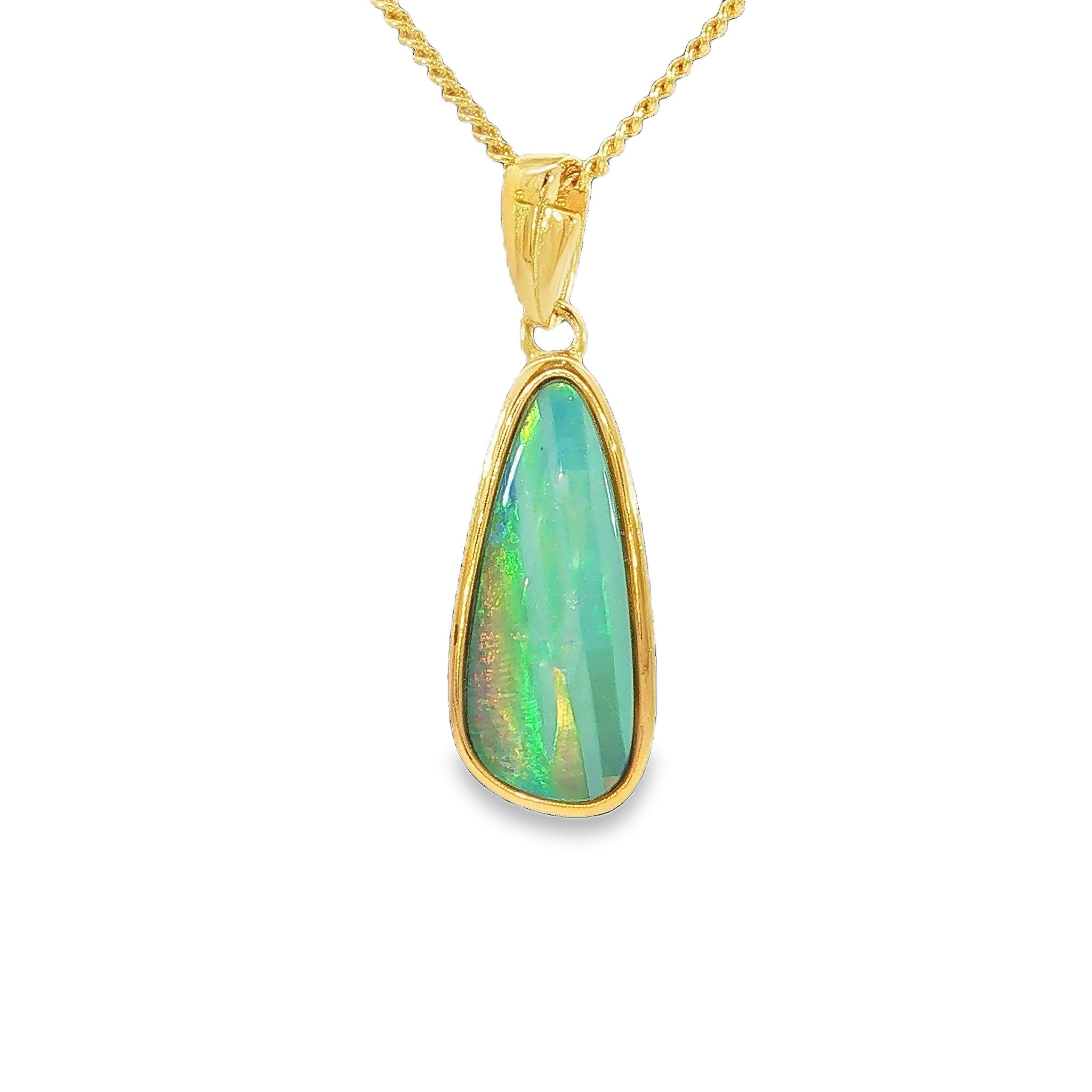 17 x 6mm pear-shaped Australian opal doublet pendant in yellow gold-plated silver, green, blue, red and yellow