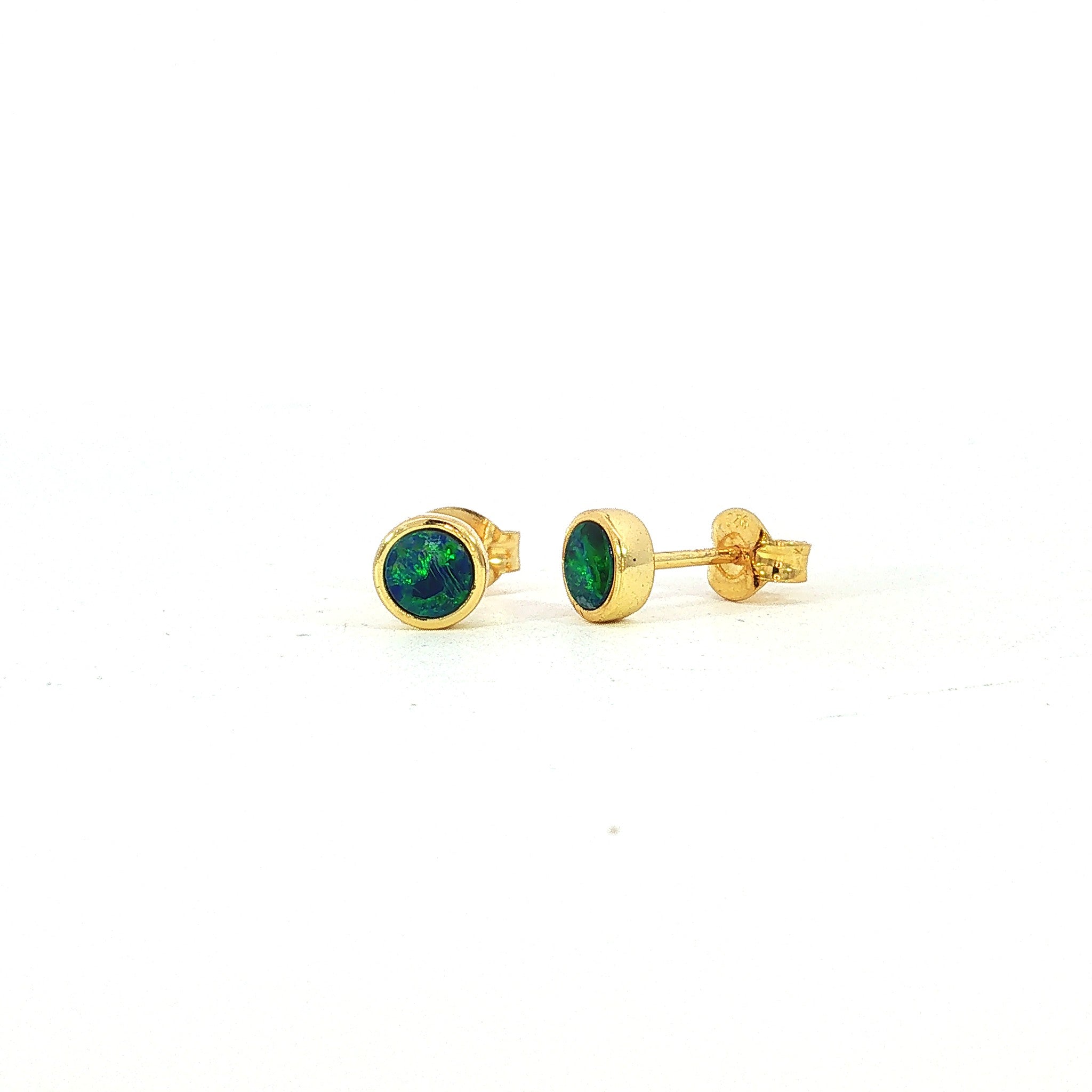 5mm round Australian opal doublet earrings in yellow gold-plated silver