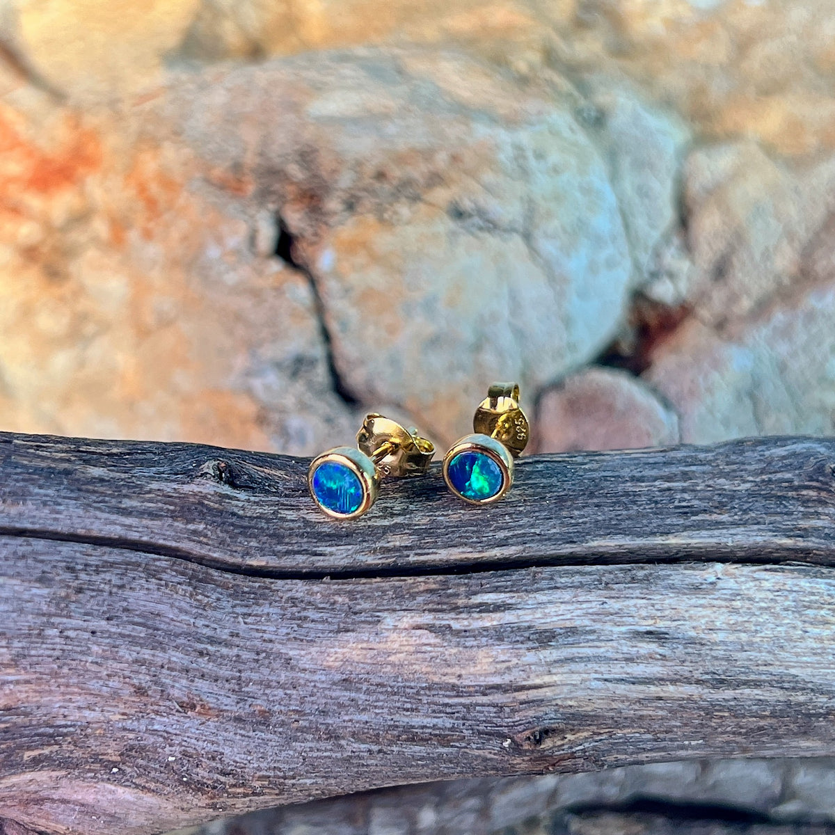 yellow gold-plated silver Australian opal doublet earrings with 5mm round stones