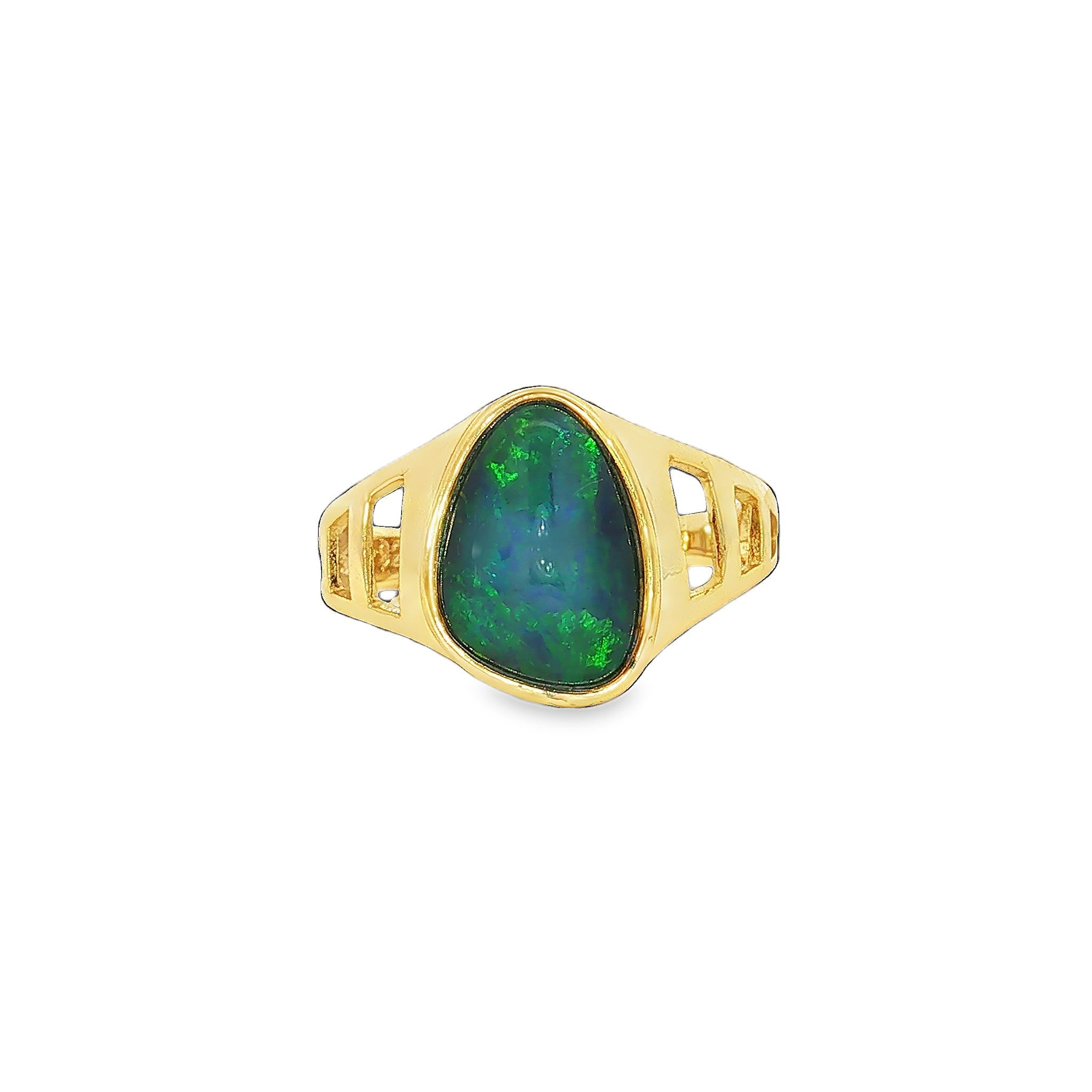 12 x 9mm freeform Australian opal triplet ring in yellow gold-plated silver
