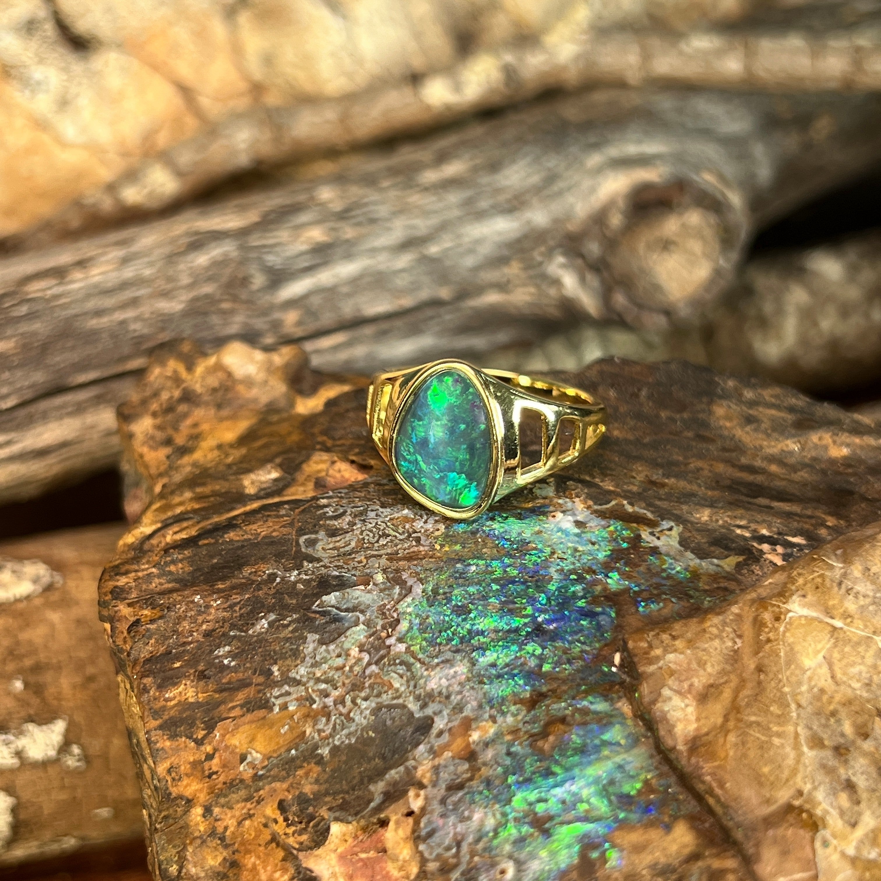 Australian opal triplet ring in yellow gold-plated silver, freeform stone, ring size US 7