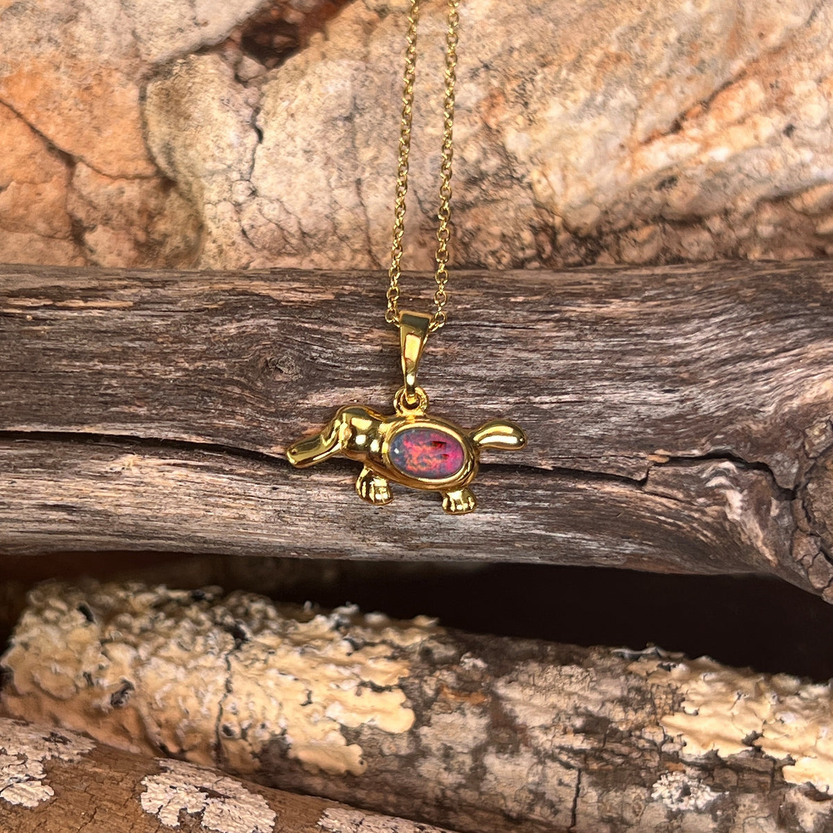6 x 4mm Australian opal triplet pendant in yellow gold-plated silver, blue, red and green