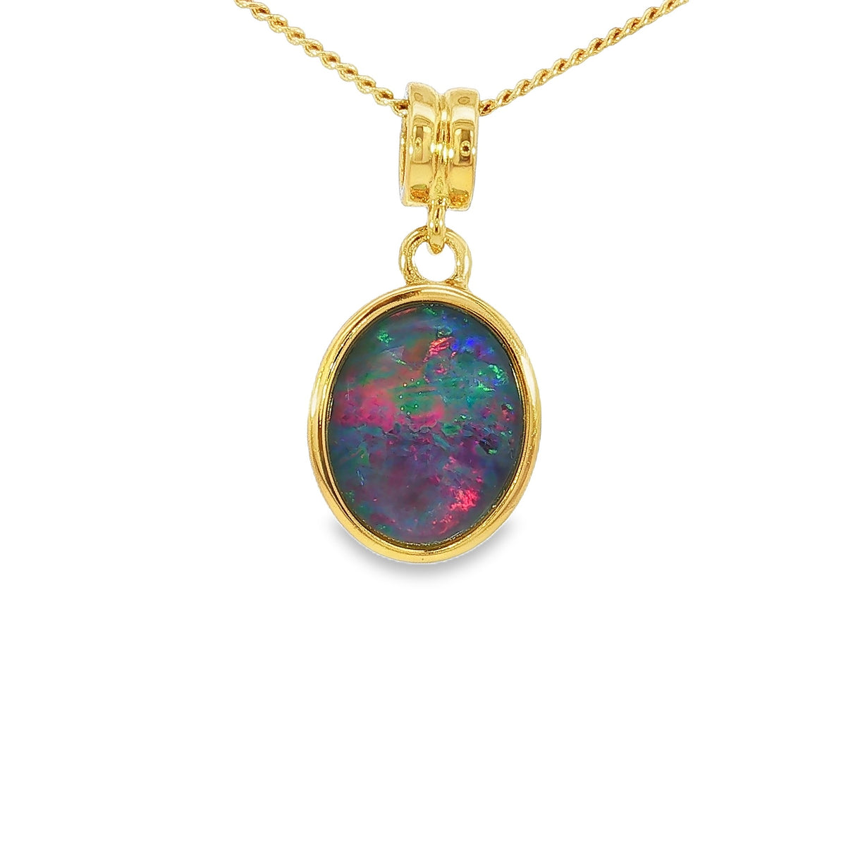 14 x 10mm oval Australian opal triplet pendant in yellow gold-plated silver
