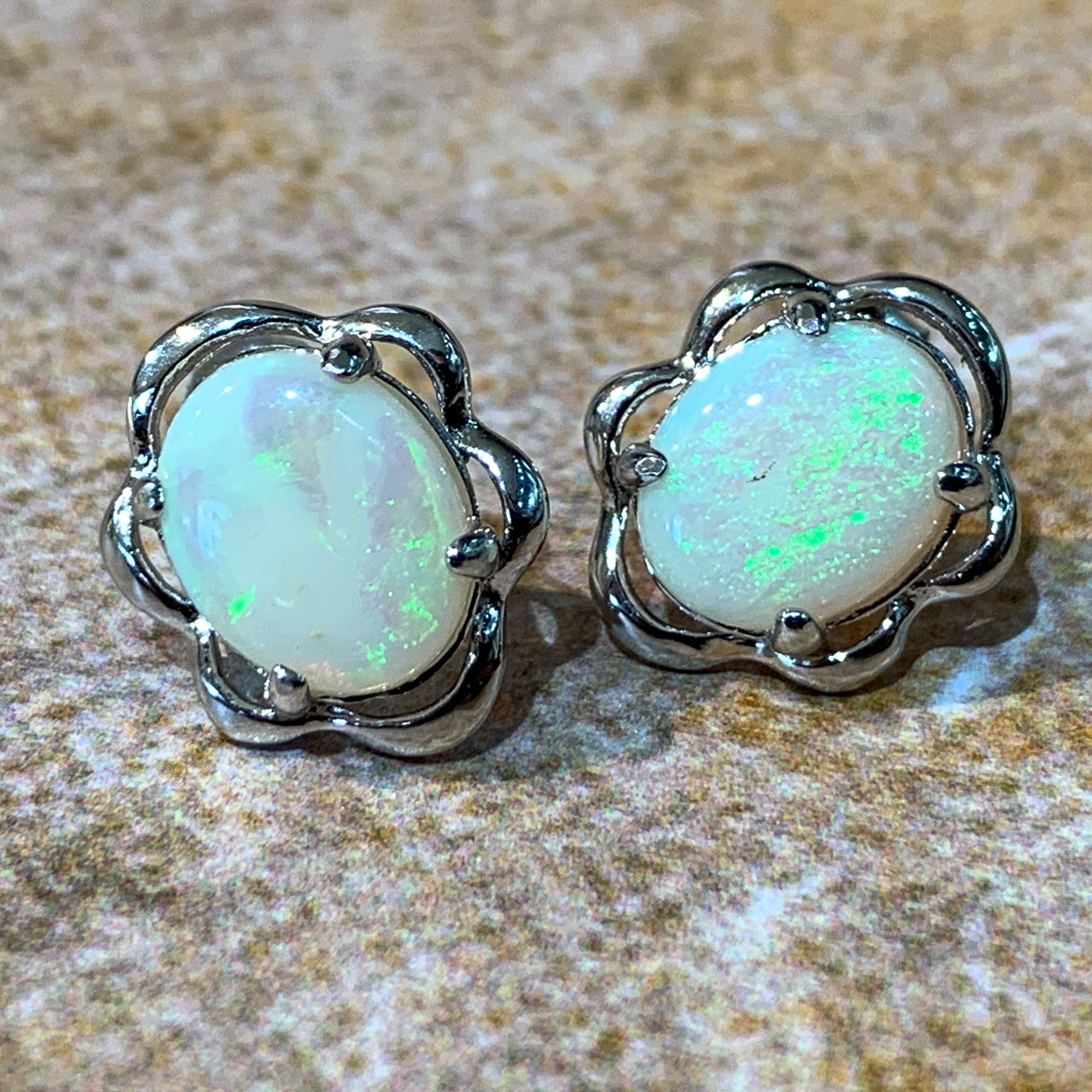 Sterling Silver 10x8mm White Opal fancy studs floral - Masterpiece Jewellery Opal & Gems Sydney Australia | Online Shop