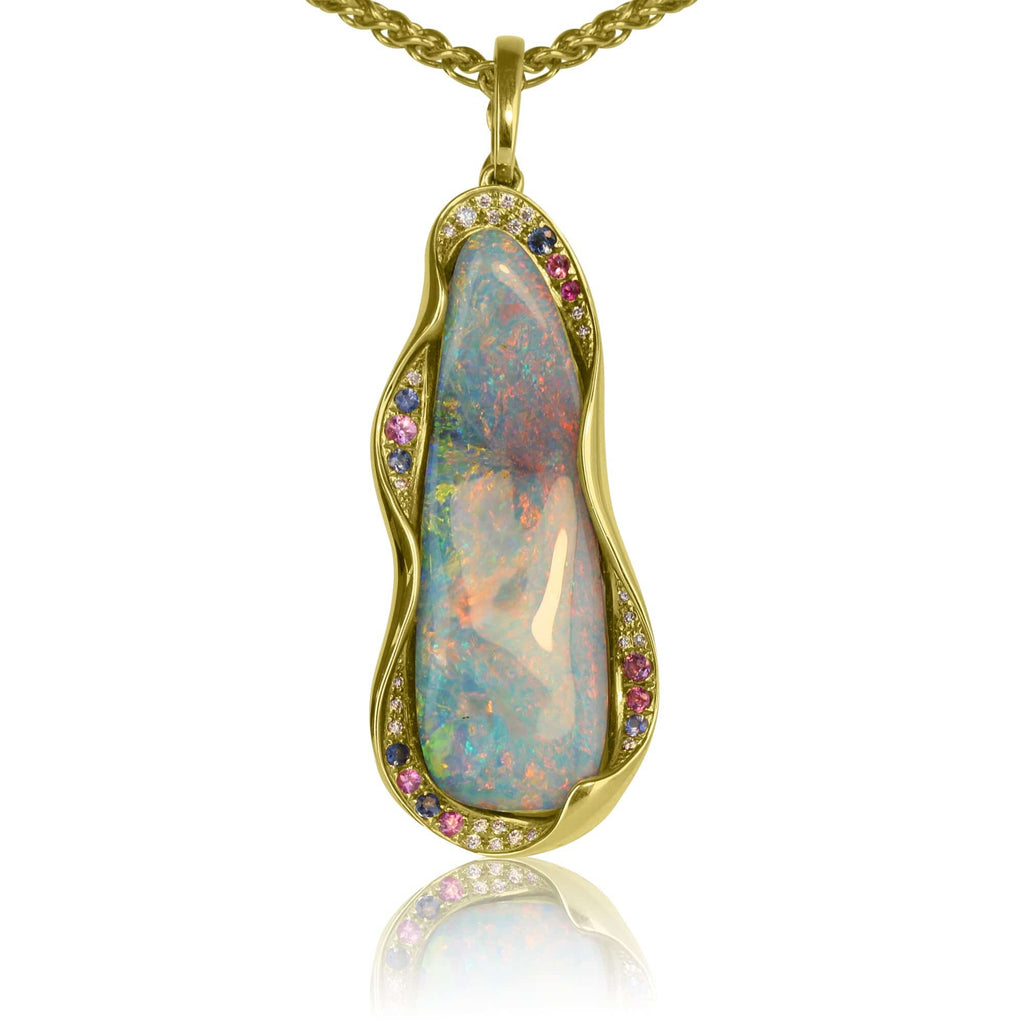 18kt Yellow Gold Boulder Opal and Sapphire Diamond pendant - Masterpiece Jewellery Opal & Gems Sydney Australia | Online Shop