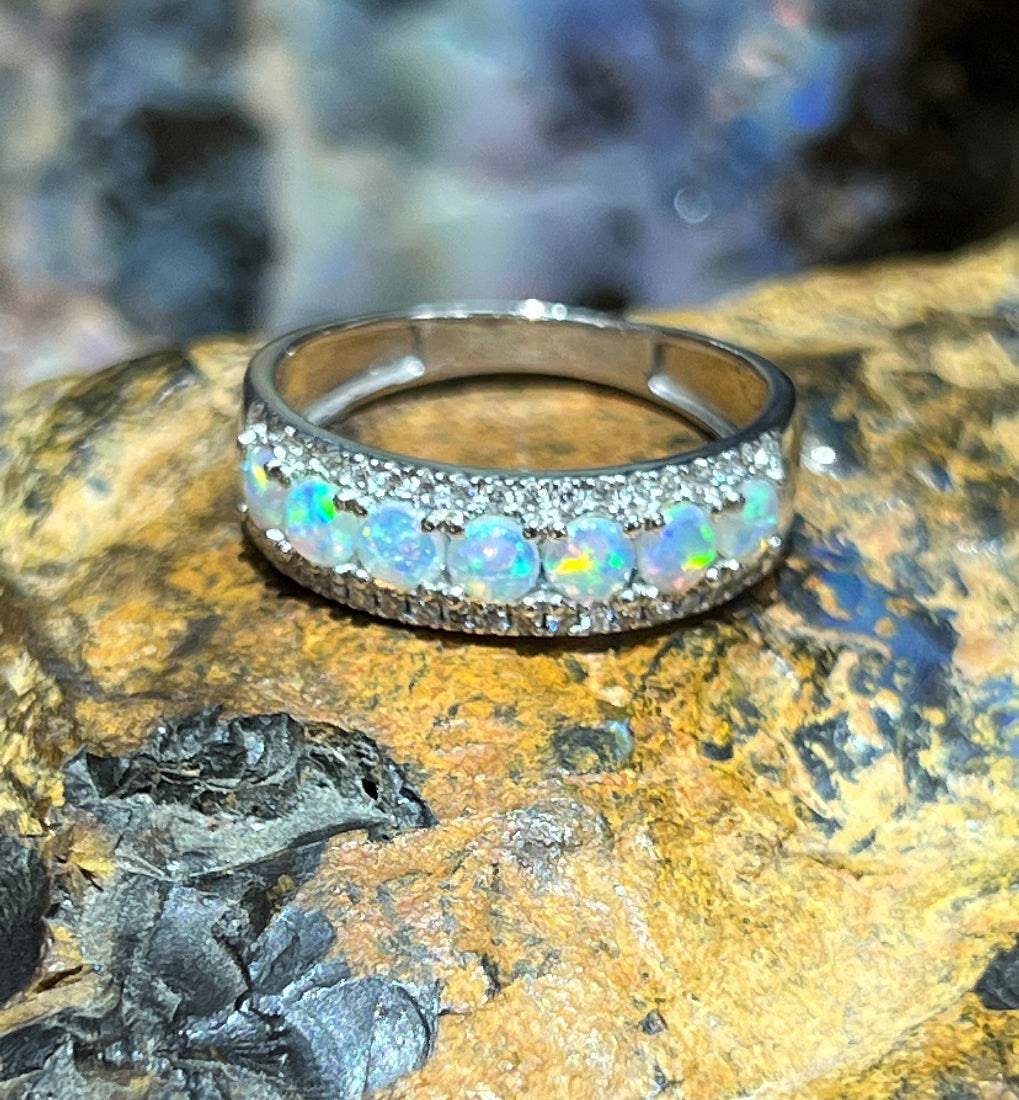 18kt White Gold 3 row eternity Opal and diamond ring - Masterpiece Jewellery Opal & Gems Sydney Australia | Online Shop