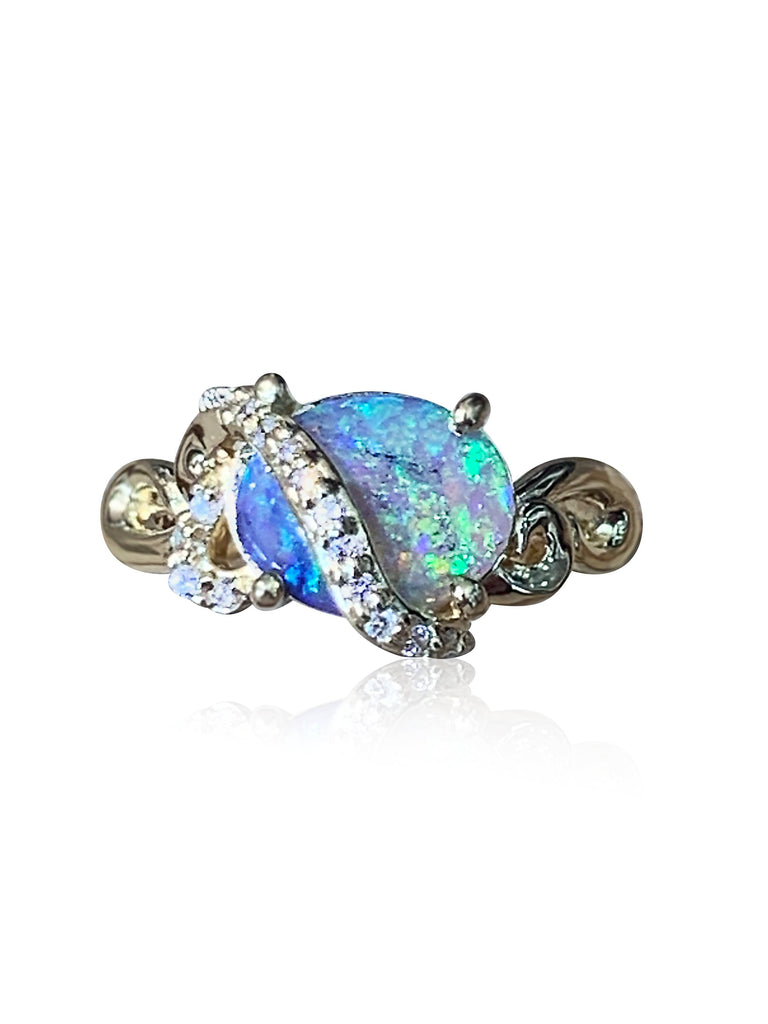 18kt Yellow Gold designer Black Opal and Diamond ring - Masterpiece Jewellery Opal & Gems Sydney Australia | Online Shop