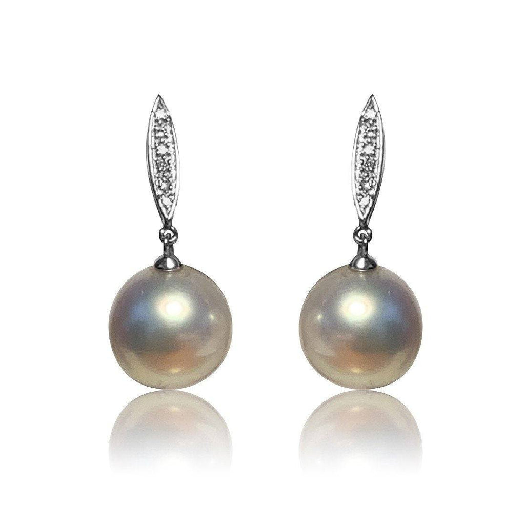 18kt White Gold dangling 12mm Pearl and Diamond earrings - Masterpiece Jewellery Opal & Gems Sydney Australia | Online Shop