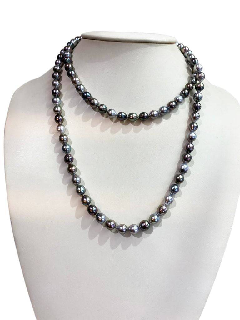 7mm-9mm Black Tahitian South Sea Pearl strand with 18kt White Gold ball clasp. - Masterpiece Jewellery Opal & Gems Sydney Australia | Online Shop